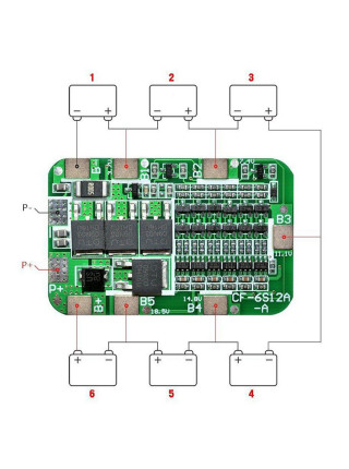 Плата заряда аккумуляторов BMS PCM для li-ion 6S 12A с балансировкой